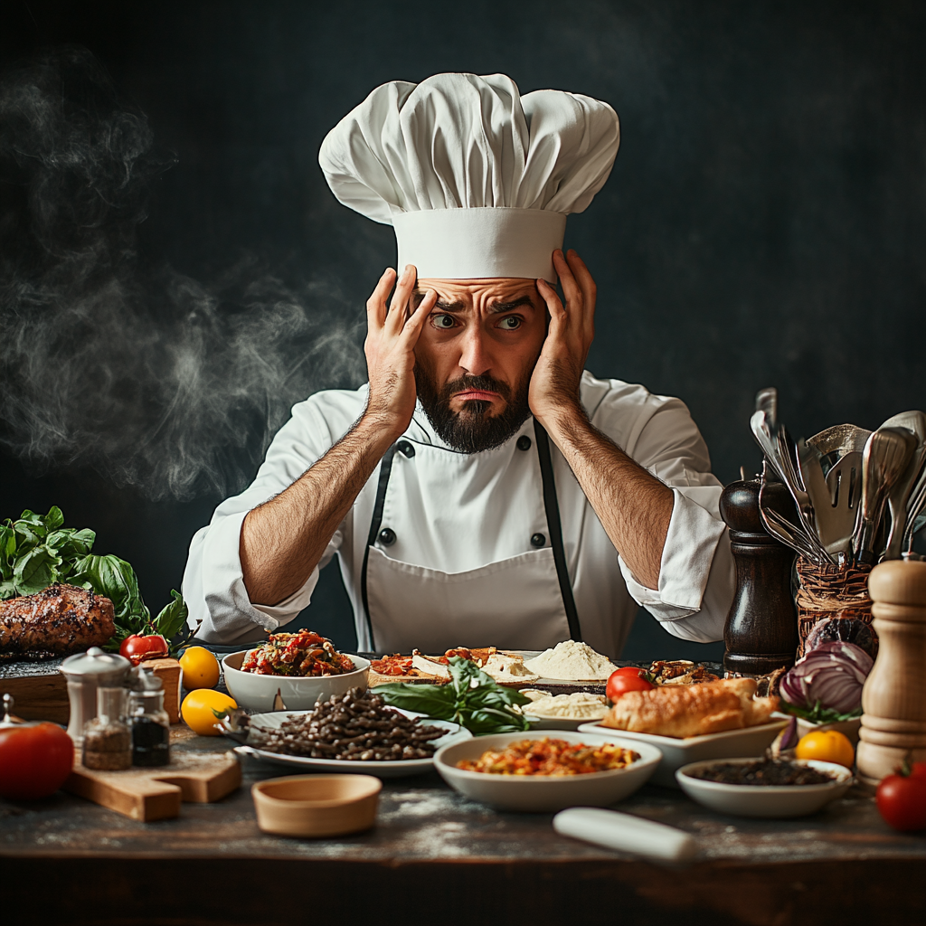 A frustrated overwhelmed chef looking for staff to help him succeed