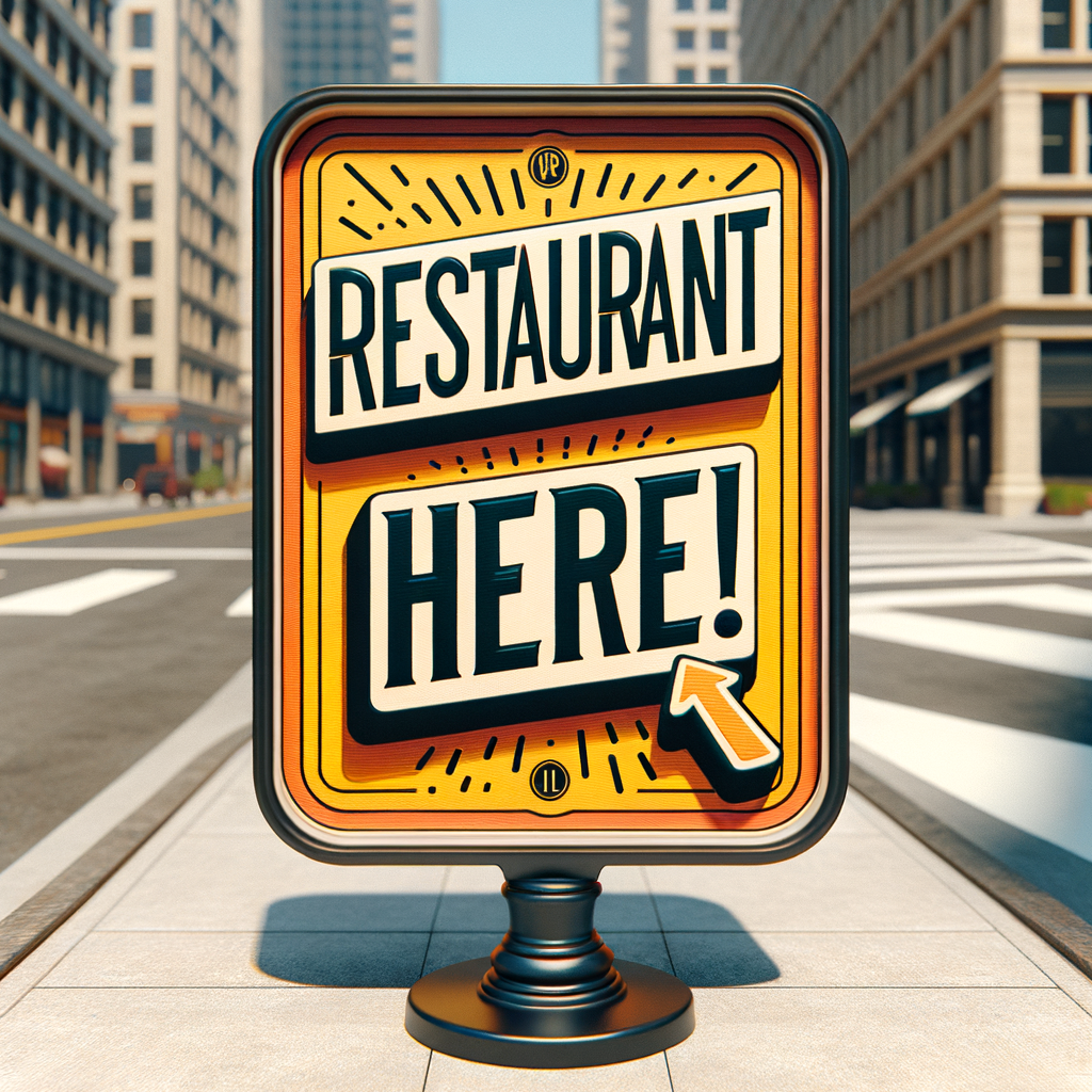A photo of a sign alerting people on the sidewalk that there is a restaurant there by saying "restaurant here!"