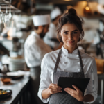 A confident female chef-owner standing proudly in her restaurant, reviewing financial reports on a tablet. The kitchen is bustling behind her, with staff working efficiently. The restaurant exudes warmth, professionalism, and success, symbolizing strong leadership, smart business practices, and a thriving restaurant that overcame the challenges of inexperience.
