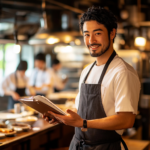 A determined Japanese restaurant owner, standing proudly in an elegant but approachable new restaurant space, reviewing a detailed checklist on a clipboard. The background shows a fully prepared kitchen, staff training in progress, and a dining area set for opening day--symbolizing thorough preparation, organization, and excitement for a successful restaurant launch.