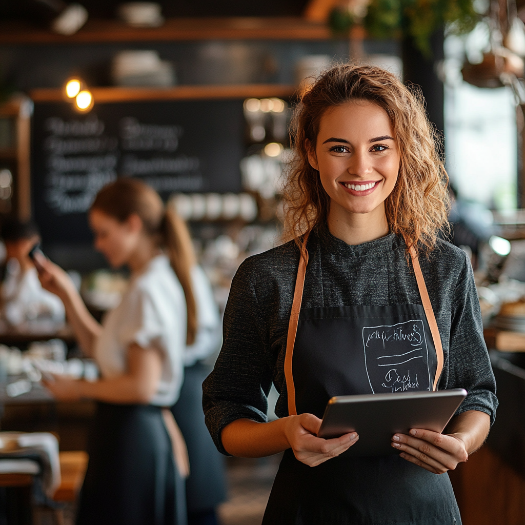 A determined female chef-owner standing proudly in her restaurant, reviewing a marketing plan on a tablet. Behind her, a chalkboard sign reads 'Today's Special' with a QR code for online promotions. Customers are dining, while a staff member updates social media on a phone, symbolizing a restaurant actively engaging in smart marketing.