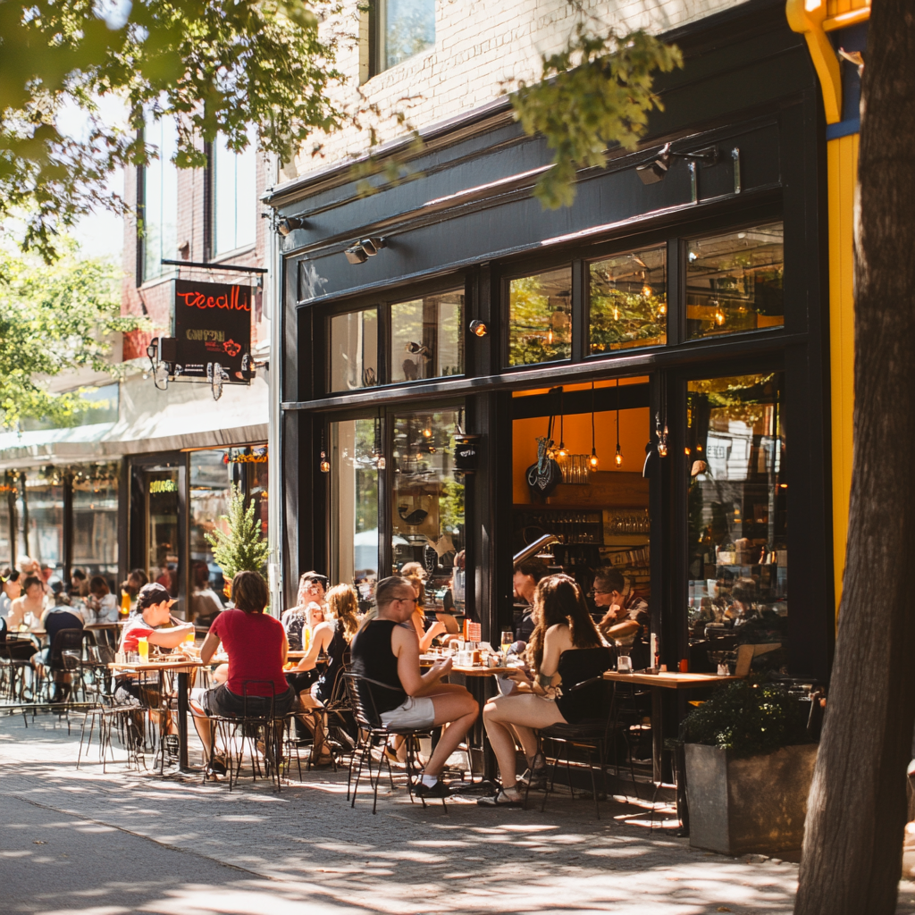 A lively, independent restaurant standing out in a crowded district. Its branding is bold and unique, with an inviting storefront, vibrant signage, and a packed dining area full of happy customers. A neighboring restaurant with empty tables contrasts the success, illustrating the impact of strong branding, marketing, and customer loyalty.