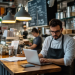 A restaurant owner reviewing finances at a small café, looking determined while analyzing a laptop with budget sheets and revenue reports. In the background, a bustling kitchen and engaged customers show a thriving business. A chalkboard sign reads 'Smart Planning, Strong Future,' emphasizing financial preparedness and sustainability in the restaurant industry.