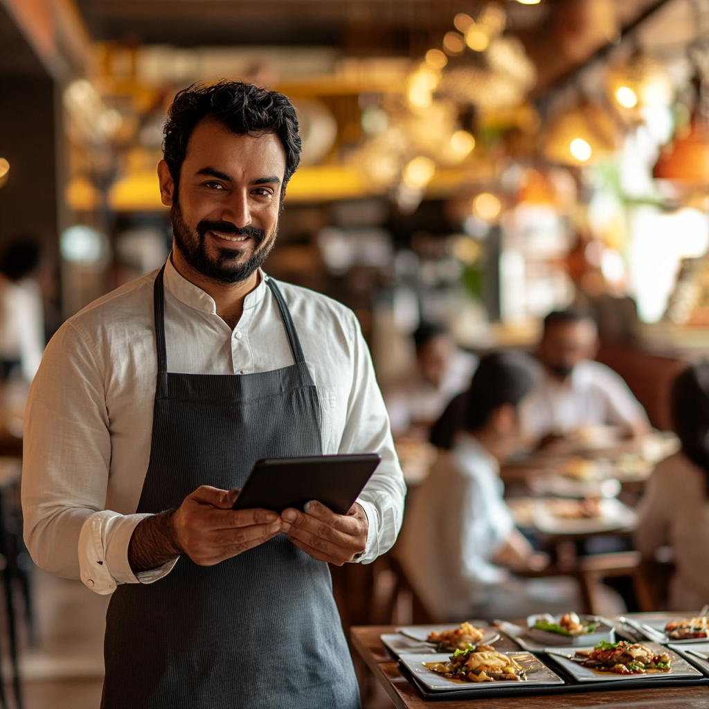 An Indian restaurant owner standing confidently in their modernized restaurant, checking orders on a tablet. The space is inviting, with traditional decor blending seamlessly with digital menu screens. A diverse group of happy customers enjoys meals, while staff efficiently manage operations, symbolizing a business that has successfully adapted to industry changes.