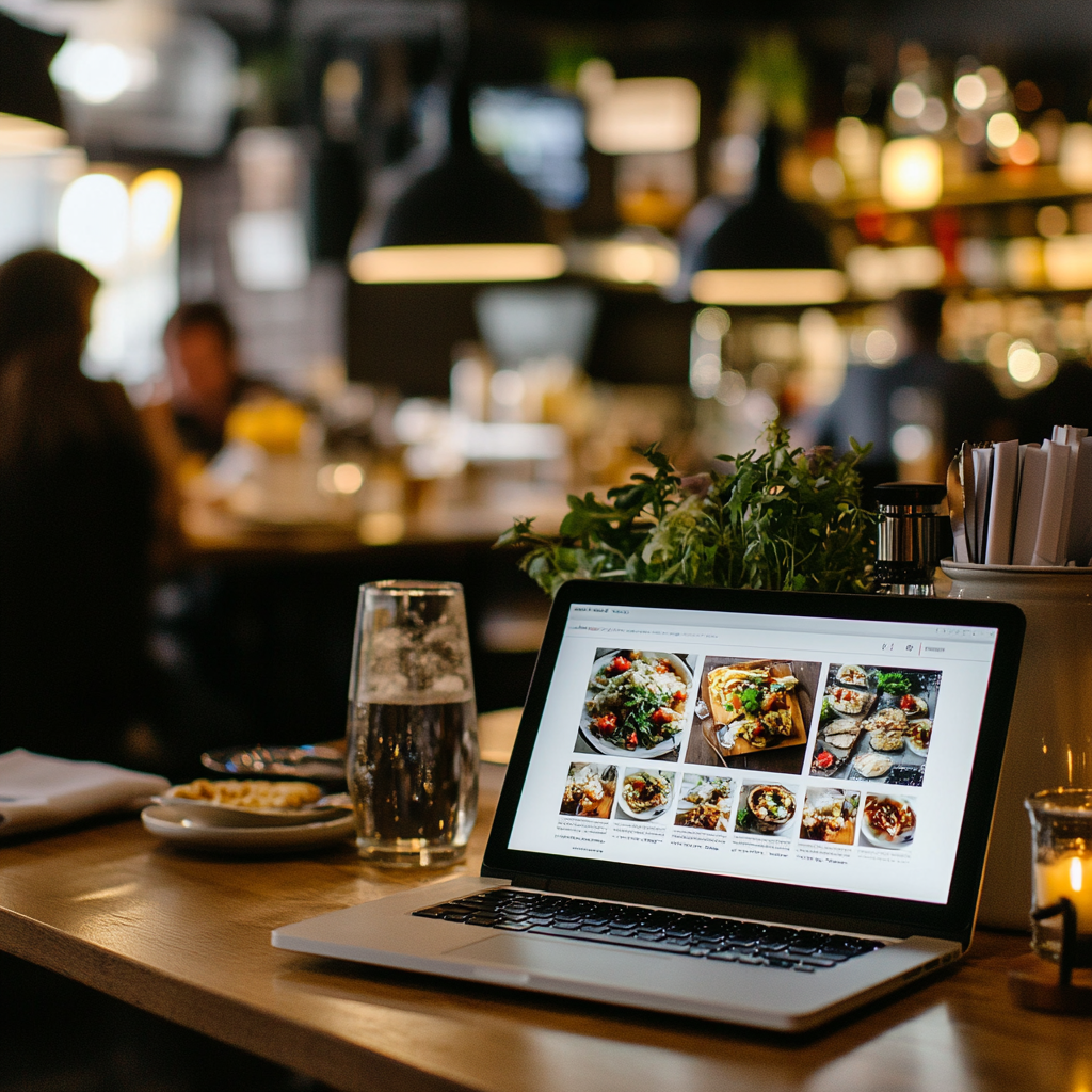 A cozy, modern restaurant with a friendly atmosphere. In the foreground, a laptop or tablet screen displays a beautifully designed restaurant newsletter with vibrant food images, special offers, and engaging content. The background shows diners enjoying their meals, and a restaurant owner or manager smiling while working on the newsletter. The scene conveys warmth, engagement, and a strong connection between the restaurant and its customers.